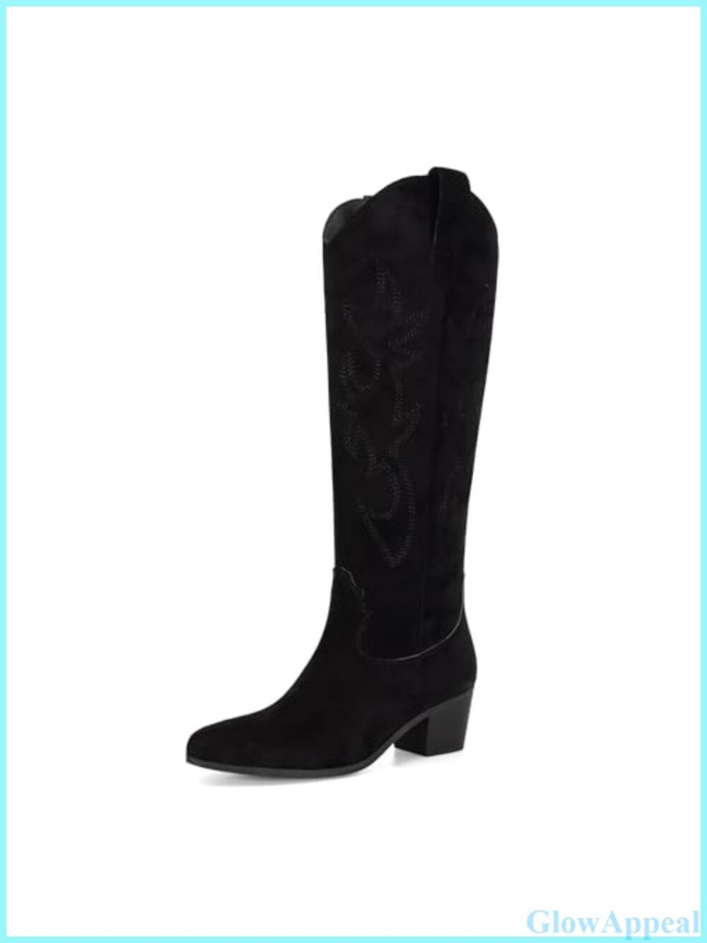 Embroidered Suede Cowboy Boots Pull On Chunky Heel Knee High Western